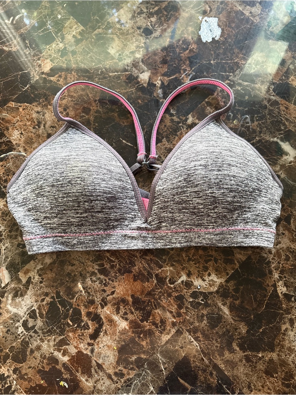 Gray Heather Seamless Sports Bra with Pink Trim